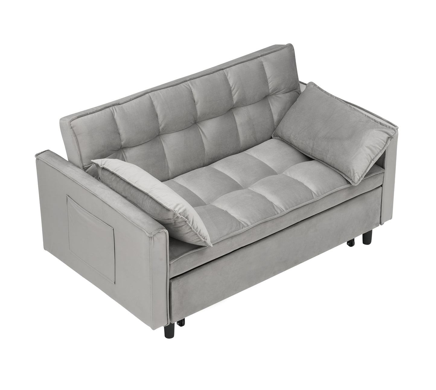 Modern Velvet Loveseat Futon Sofa Couch Pullout Bed, Small Love Seat Lounge Sofa w/Reclining Backrest, Toss Pillows, Pockets, Furniture for Living Room,3 in 1 Convertible Sleeper Sofa Bed, Gra image 7