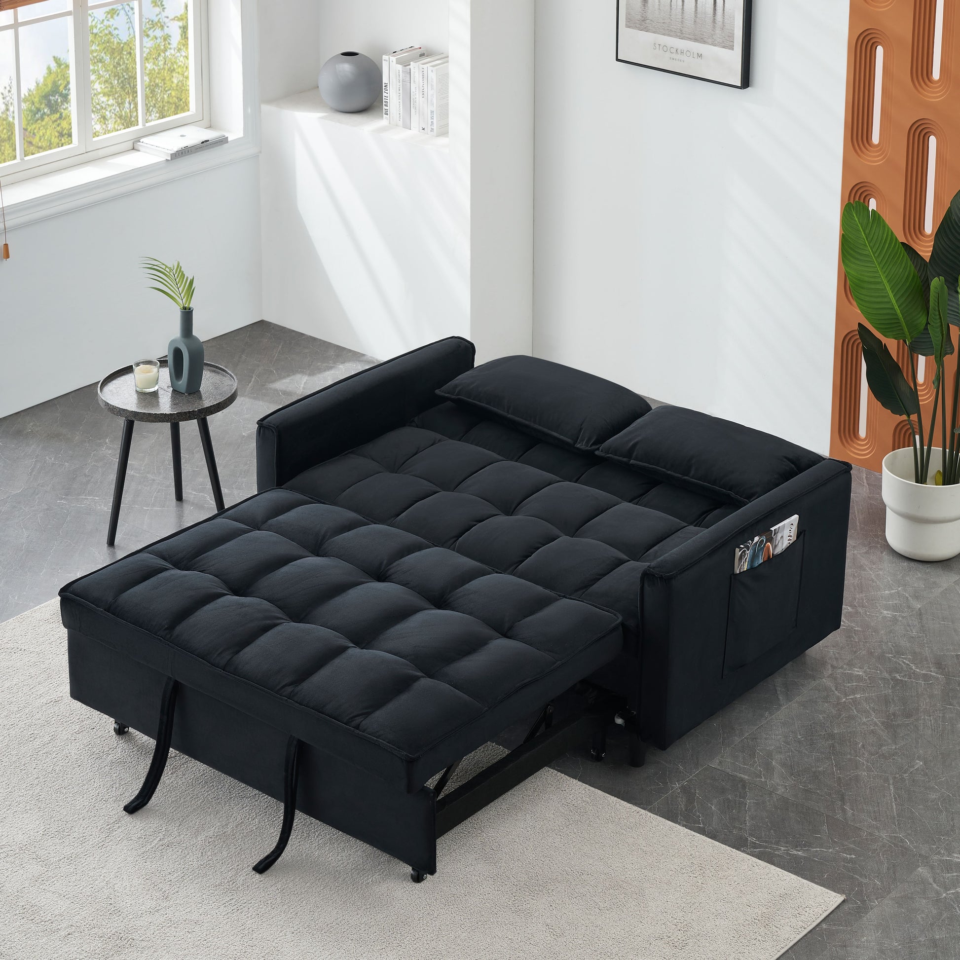Modern velvet sofa, sofa pull-out bed, small love seat casual sofa with back, with pillow, pockets, living room furniture, 3 in 1 convertible sleep sofa bed. image 3