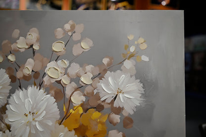 White chrysanthemum canvas art in living room setting