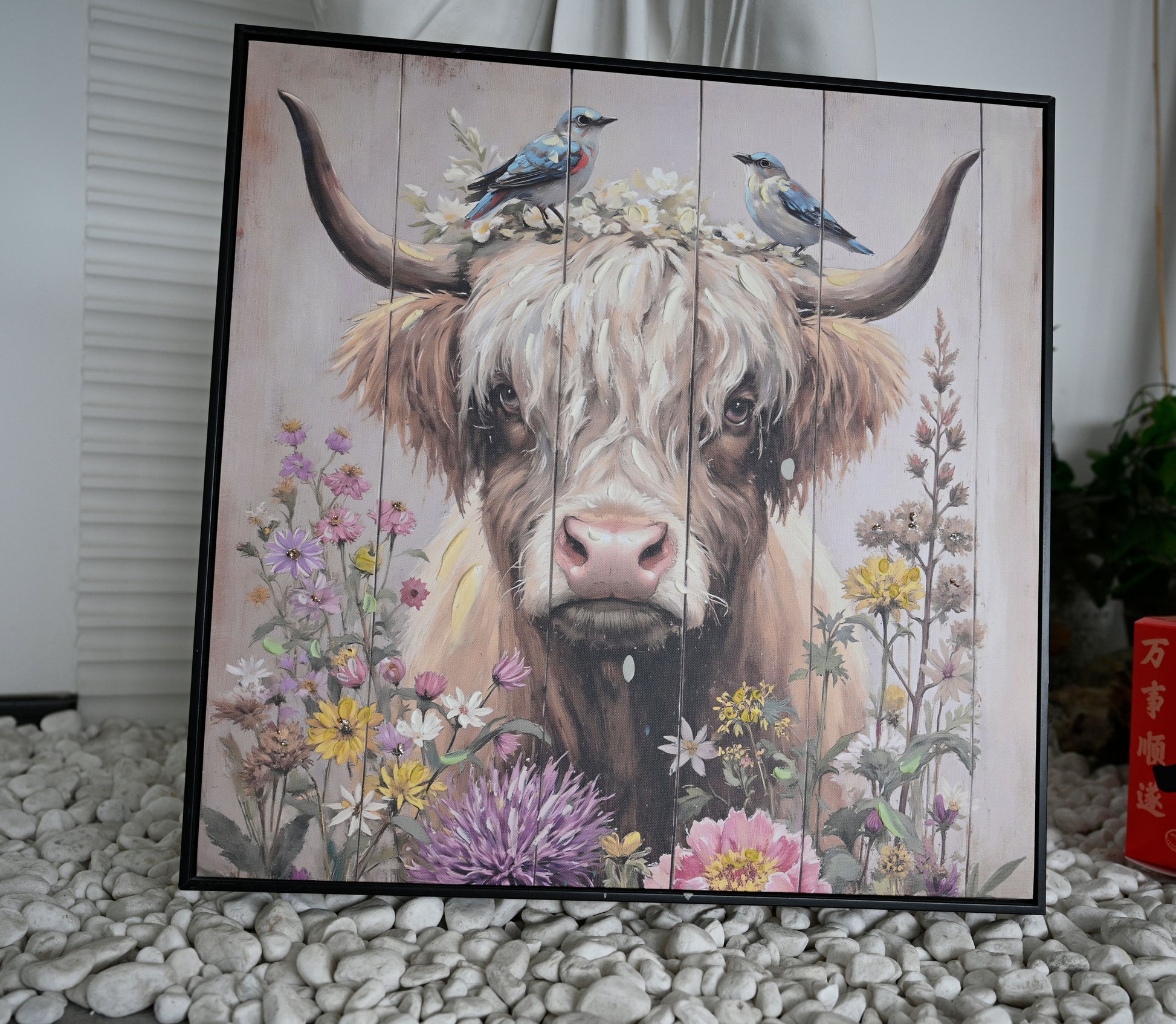 Farmhouse Highland Cow Wall Decor in Neutral colour: Rustic Cow and Chrysanthemum picture Canvas Art Print, Gift for Bathroom or Kitchen, Ideal Animal Artwork for Living Room 24*24INCH image 12