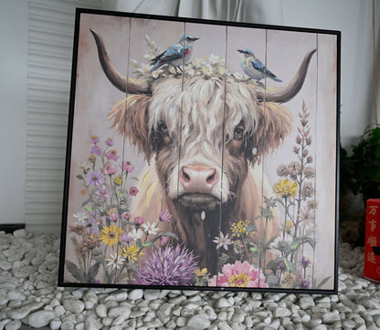 Farmhouse Highland Cow Wall Decor in Neutral colour: Rustic Cow and Chrysanthemum picture Canvas Art Print, Gift for Bathroom or Kitchen, Ideal Animal Artwork for Living Room 24*24INCH image 12