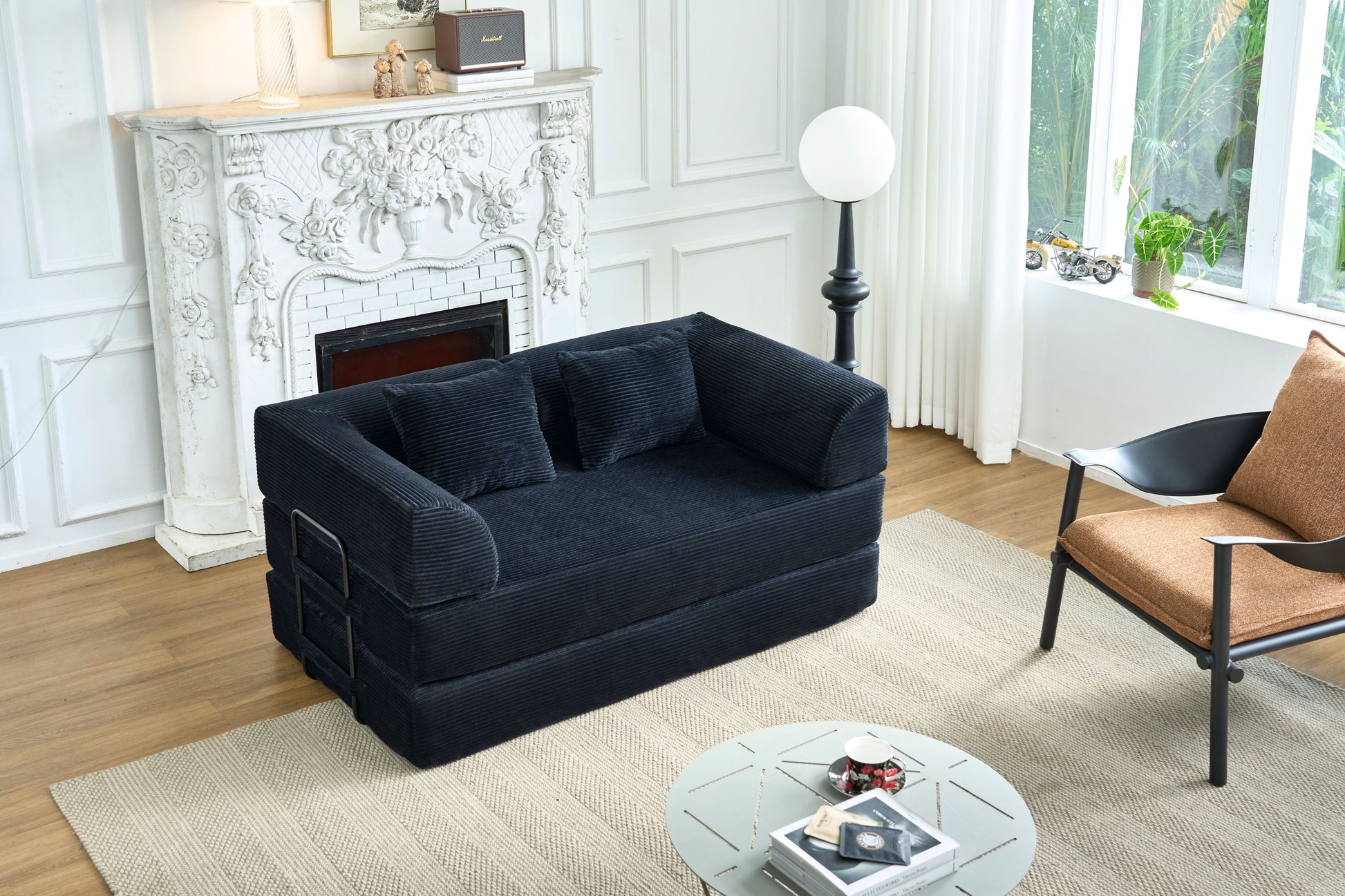 Convertible Sleeper Sofa Bed, Corduroy Folding Mattress Couch with Fixed-Shape Frame, Floor Sofa Lounge Couch Boneless Sofa for Living Room Bedroom, Black image 10