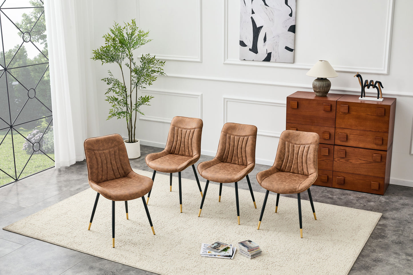 Dining Chairs Set of 4, Brown Tech Fabric Upholstered Dining Chairs with Semi-Gloss Black Metal Legs, Gold-Trimmed Adjustable Non-Slip Feet, Vertical-Stitched High Back (Brown, Set of 4) image 1