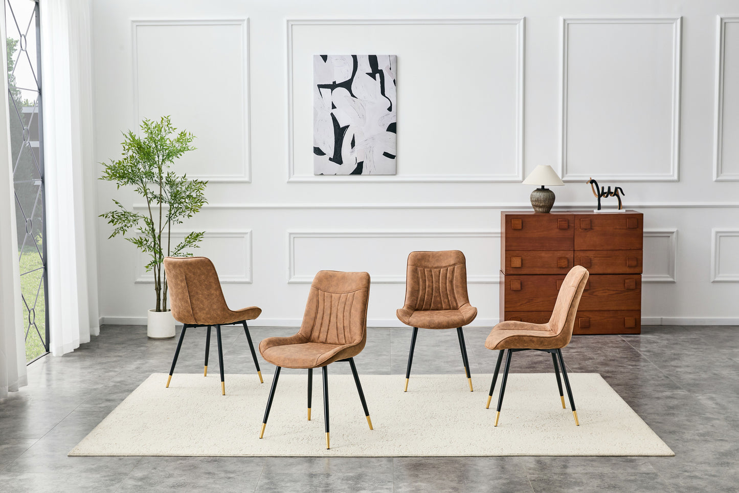 Dining Chairs Set of 4, Brown Tech Fabric Upholstered Dining Chairs with Semi-Gloss Black Metal Legs, Gold-Trimmed Adjustable Non-Slip Feet, Vertical-Stitched High Back (Brown, Set of 4) image 2