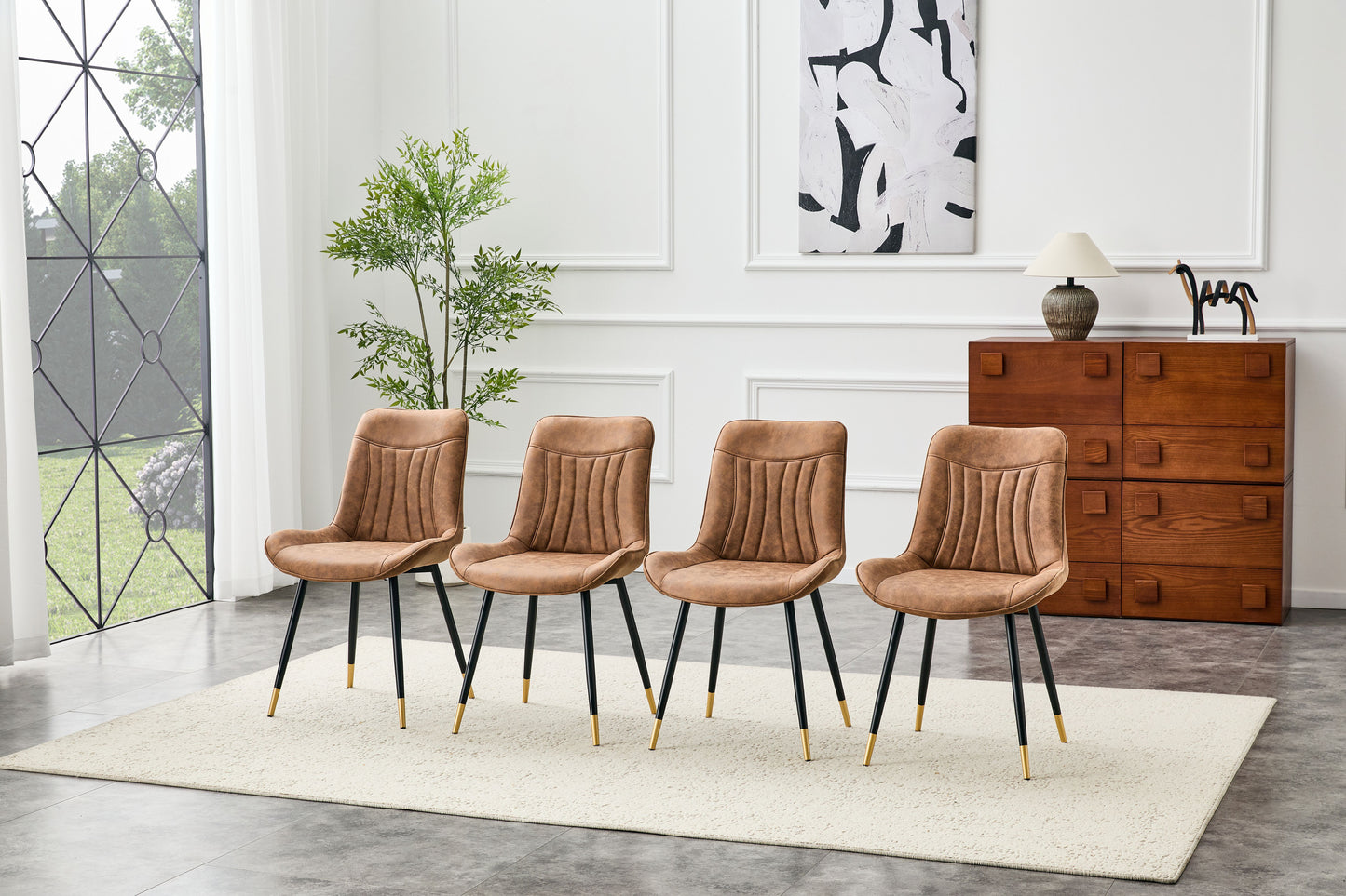 Dining Chairs Set of 4, Brown Tech Fabric Upholstered Dining Chairs with Semi-Gloss Black Metal Legs, Gold-Trimmed Adjustable Non-Slip Feet, Vertical-Stitched High Back (Brown, Set of 4) image 3