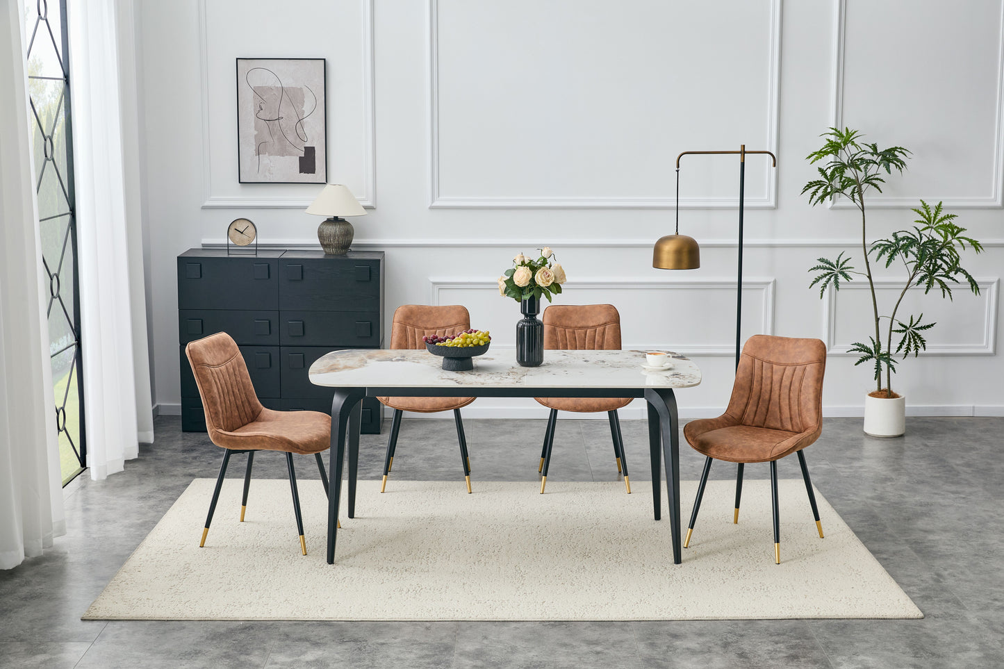 Dining Chairs Set of 4, Brown Tech Fabric Upholstered Dining Chairs with Semi-Gloss Black Metal Legs, Gold-Trimmed Adjustable Non-Slip Feet, Vertical-Stitched High Back (Brown, Set of 4) image 6