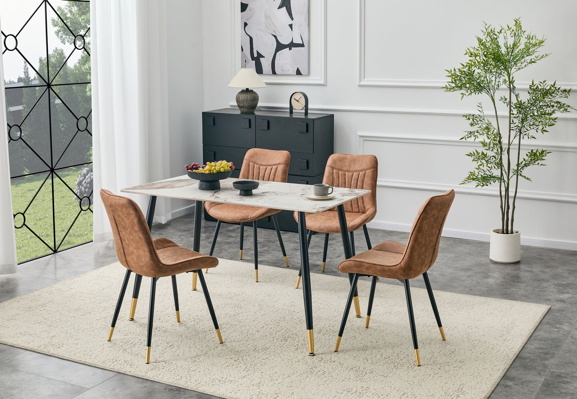 Dining Chairs Set of 4, Brown Tech Fabric Upholstered Dining Chairs with Semi-Gloss Black Metal Legs, Gold-Trimmed Adjustable Non-Slip Feet, Vertical-Stitched High Back (Brown, Set of 4) image 7