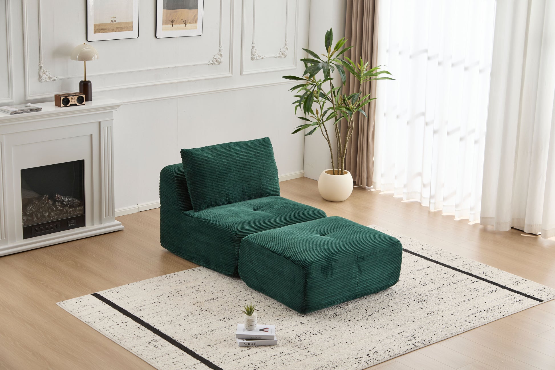 Modern Memory Foam Compressed Sofa,Single Chaise Longue for Living Room,Pet-Friendly Cloud Modular Sectional Sofa,Corduroy Fabric,Movable Ottoman,No Assembly required,Green image 8
