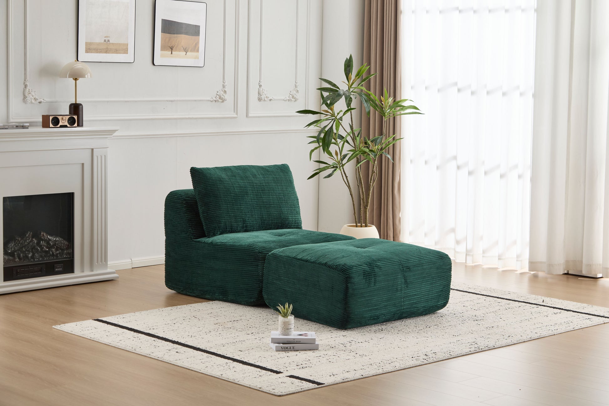 Modern Memory Foam Compressed Sofa,Single Chaise Longue for Living Room,Pet-Friendly Cloud Modular Sectional Sofa,Corduroy Fabric,Movable Ottoman,No Assembly required,Green image 9