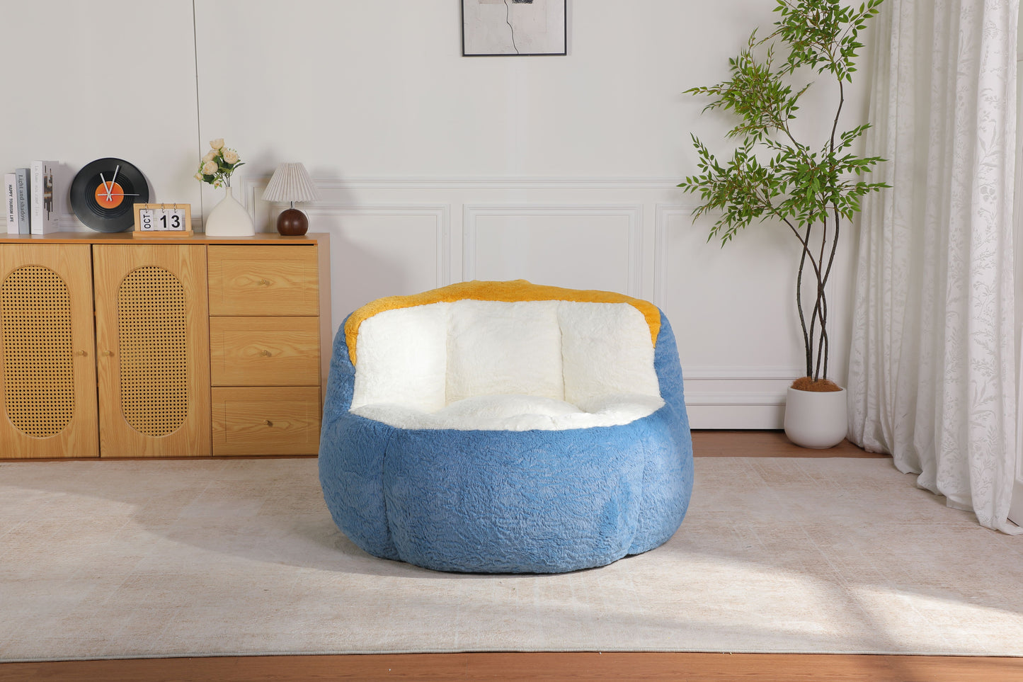 Oversized Bean Bag Chairs,Multicolor Faux Fur Couch Filled with Shredded Sponge,Large Lounger Sofa For Living Room,No Assembly Required, Blue+White+Yellow image 10