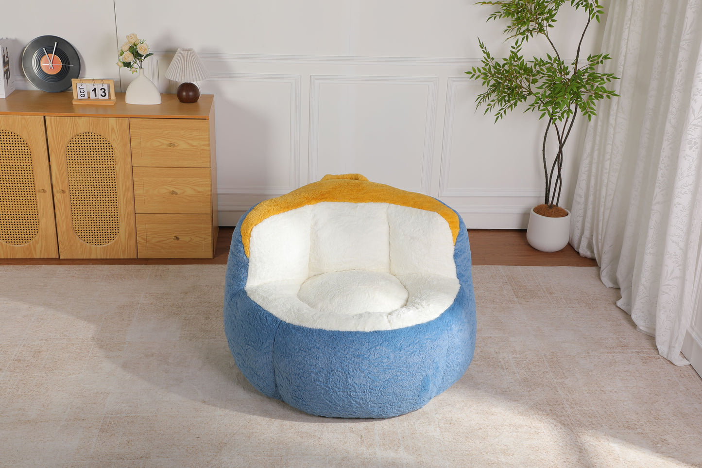 Oversized Bean Bag Chairs,Multicolor Faux Fur Couch Filled with Shredded Sponge,Large Lounger Sofa For Living Room,No Assembly Required, Blue+White+Yellow image 11