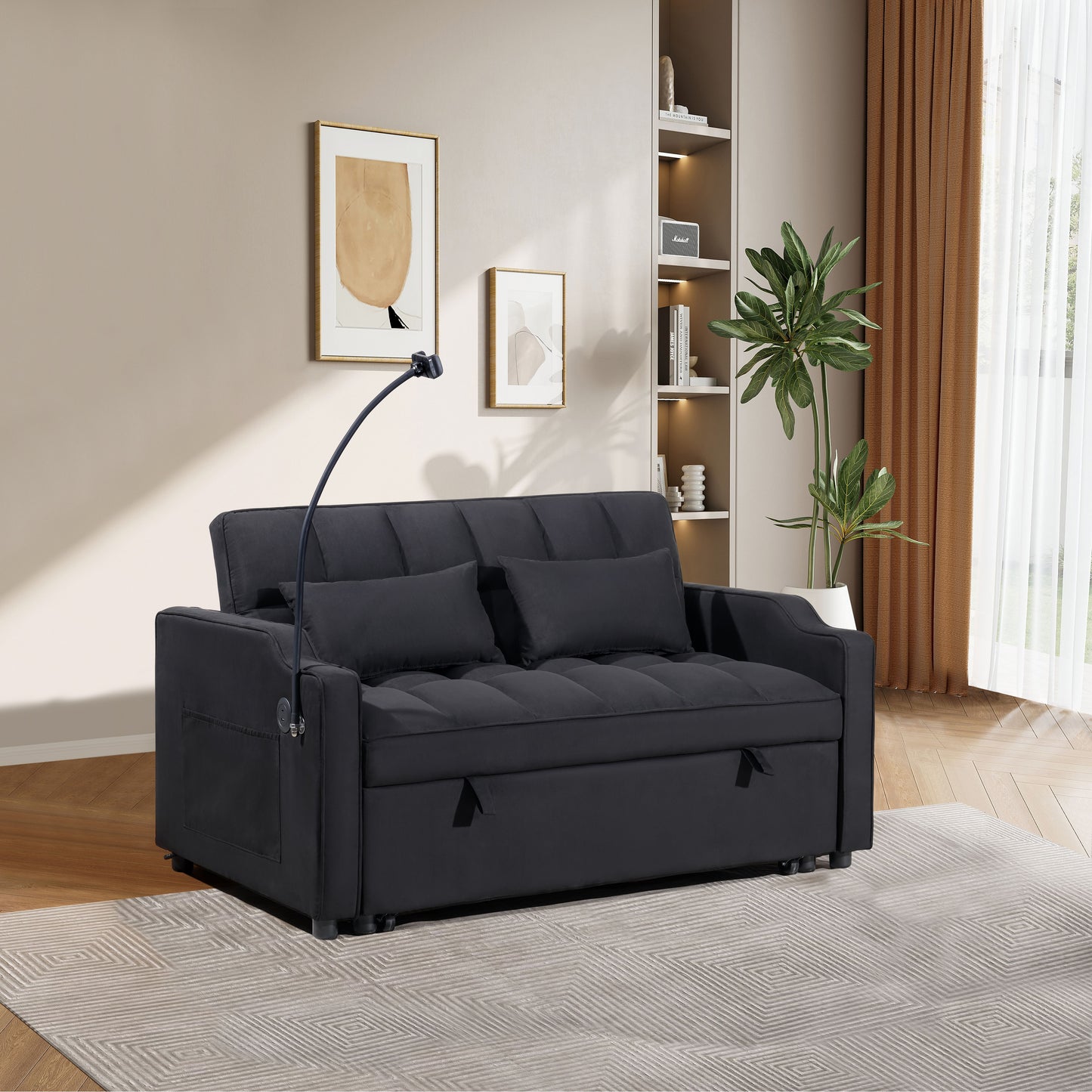 1 multifunctional foldable sofa bed with 3 different lengths, modern sofa, upgraded suede fabric, adjustable backrest, Black color with USB port and rotating telephone stand image 1