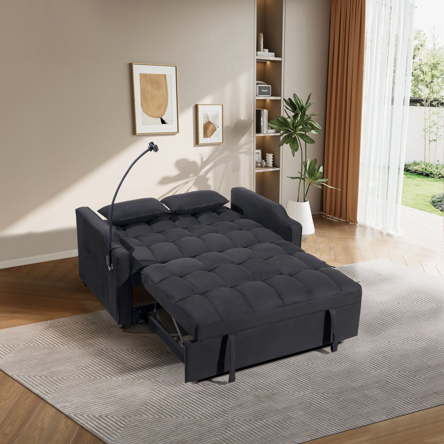 1 multifunctional foldable sofa bed with 3 different lengths, modern sofa, upgraded suede fabric, adjustable backrest, Black color with USB port and rotating telephone stand image 2