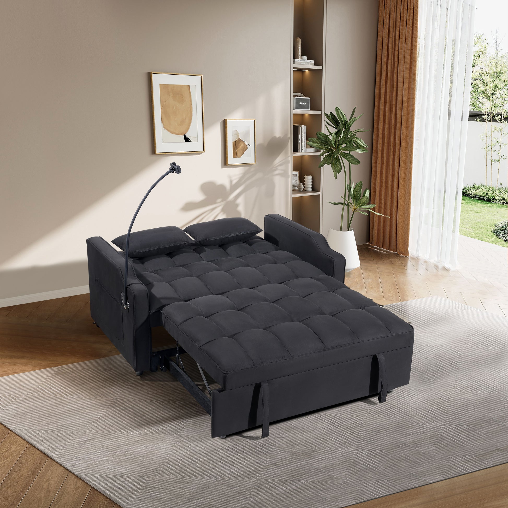 1 multifunctional foldable sofa bed with 3 different lengths, modern sofa, upgraded suede fabric, adjustable backrest, Black color with USB port and rotating telephone stand image 2