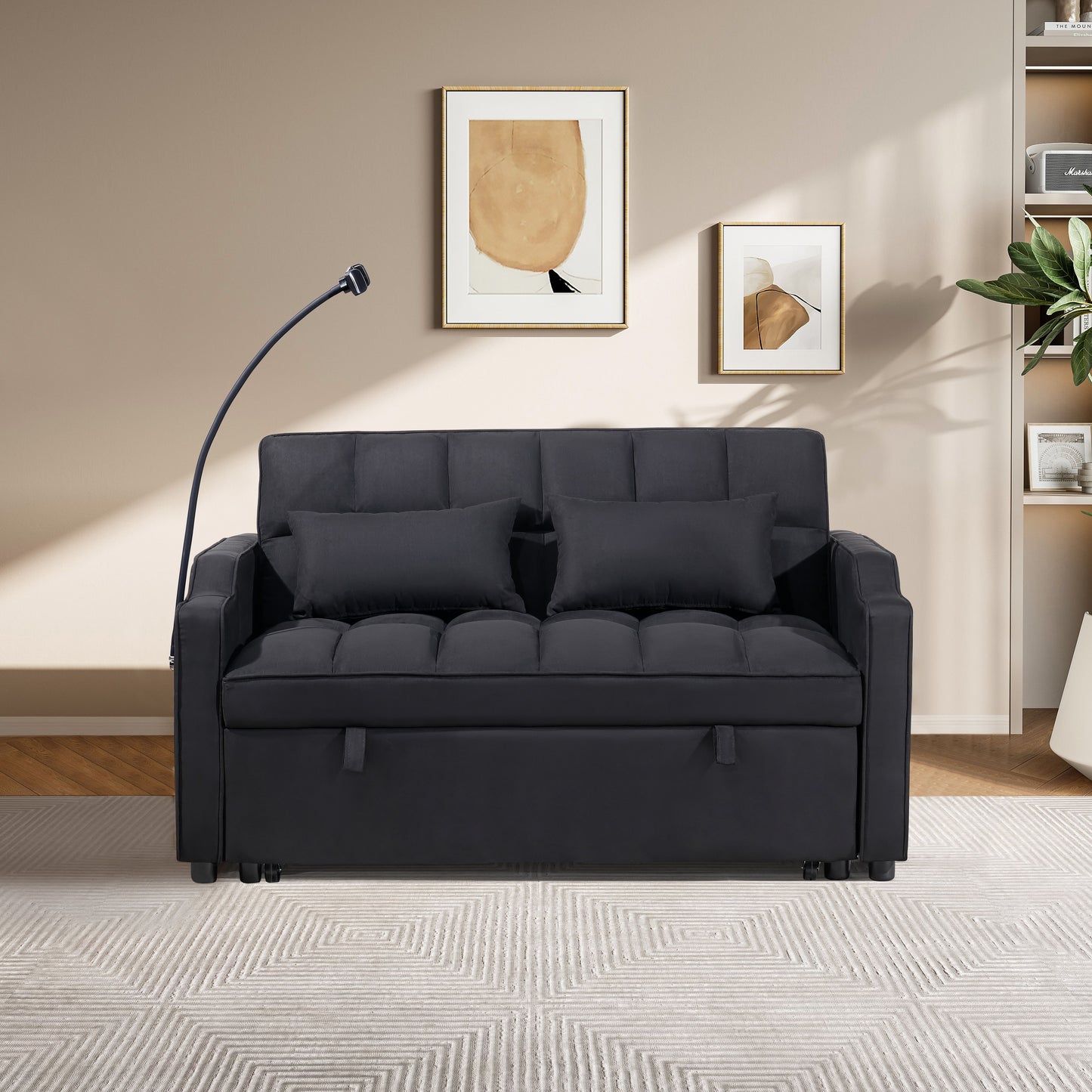 1 multifunctional foldable sofa bed with 3 different lengths, modern sofa, upgraded suede fabric, adjustable backrest, Black color with USB port and rotating telephone stand image 3