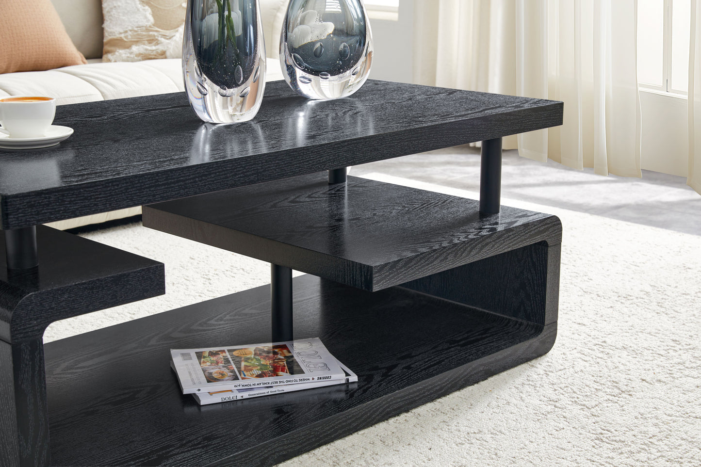 Three-Tier MDF Coffee Table with Black Wood Grain Finish, Modern Multi-Layer Storage Coffee Table Sturdy Frame for Living Room Office image 5