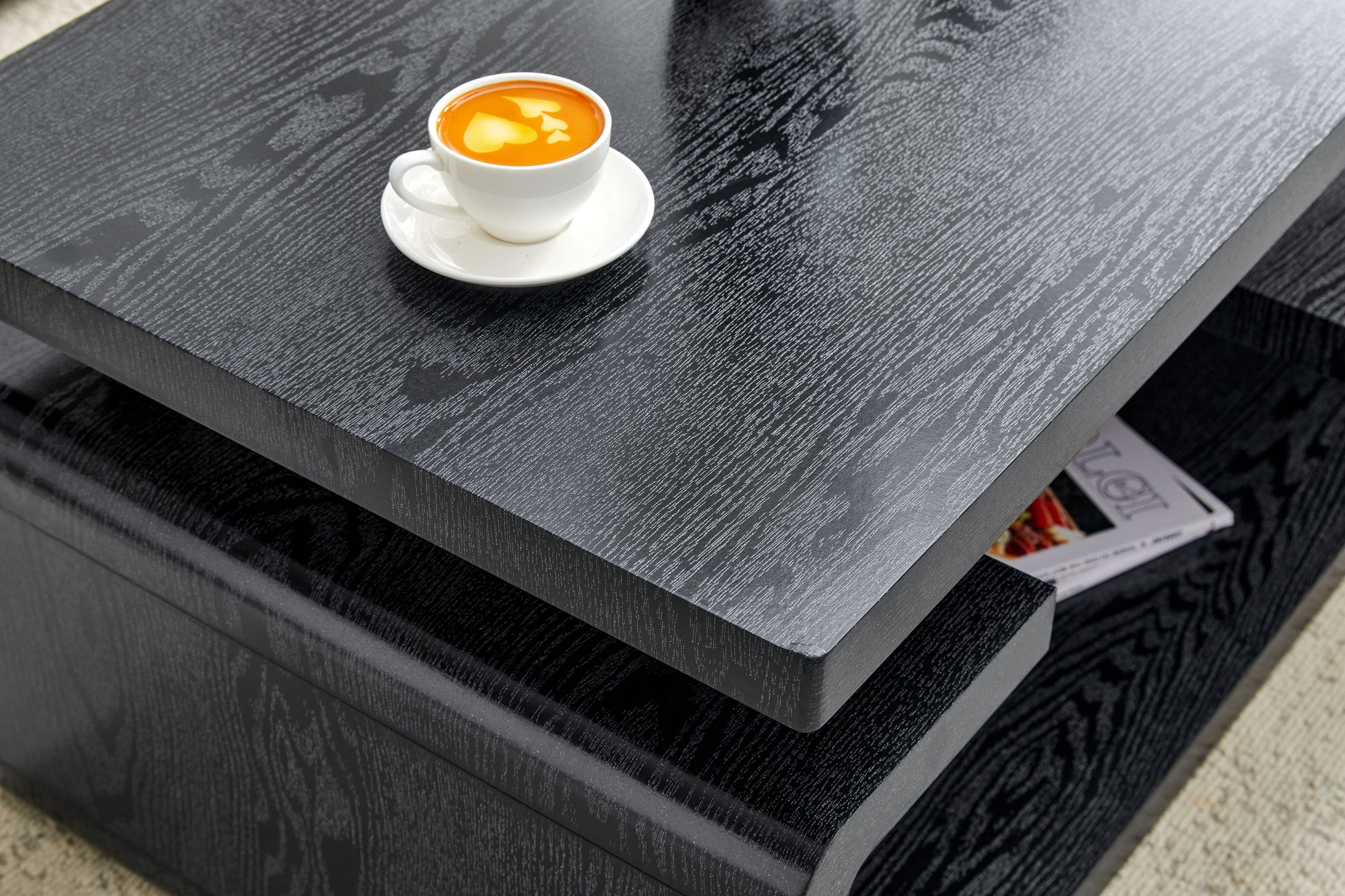 Three-Tier MDF Coffee Table with Black Wood Grain Finish, Modern Multi-Layer Storage Coffee Table Sturdy Frame for Living Room Office image 6