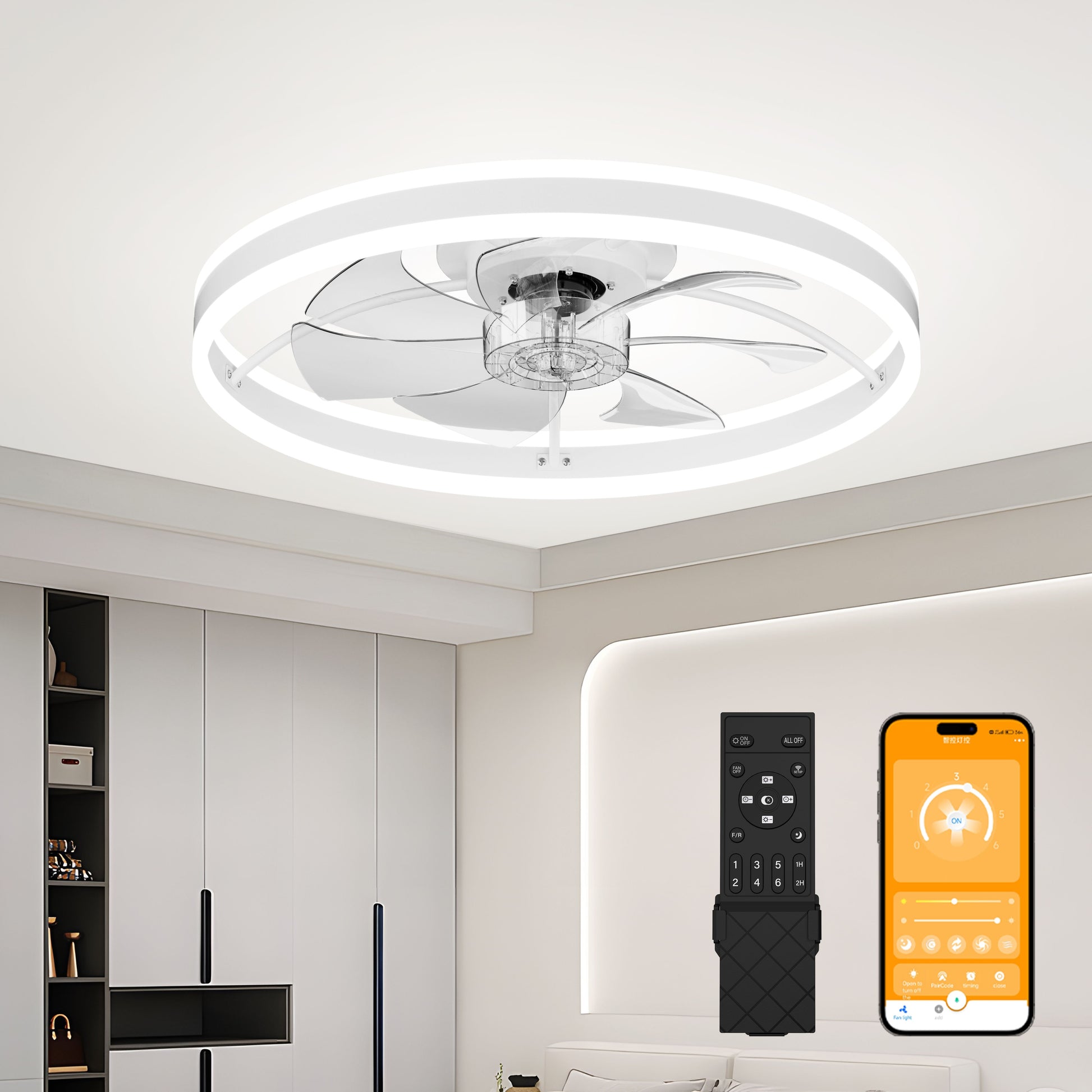23.6 Inch Ceiling Fan with Light, Quiet DC Motor, Dimmable 3-Color Temperature 3000K-6500K, APP & Remote Control, With Timing image 1