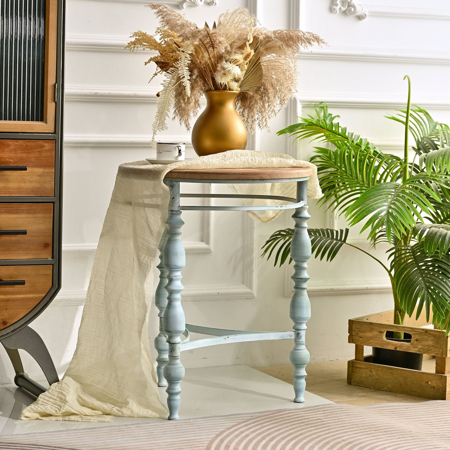 Easy Assembly 20.08" Accent Rustic Wooden Carved Coffee Table, Round Wooden Top Metal Leg Round End Table For Living Room image 5