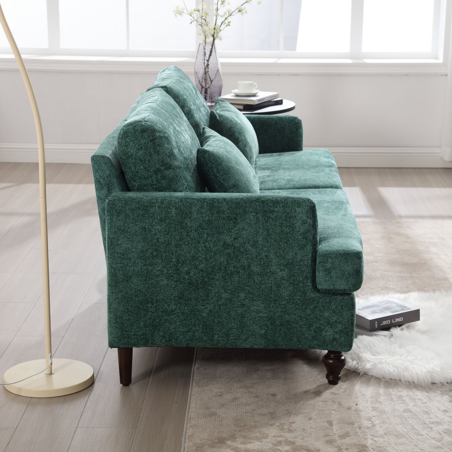 Mid Century Modern chenille Fabric Loveseat sofa, 2-Seat Upholstered Loveseat Sofa Modern Couch for Living Room,Brown wood feet sofa for Bedroom, Reading (Emerald Chenille) image 11