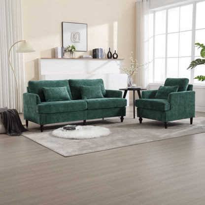 Mid Century Modern chenille Fabric Loveseat sofa, 2-Seat Upholstered Loveseat Sofa Modern Couch for Living Room,Brown wood feet sofa for Bedroom, Reading (Emerald Chenille) image 2