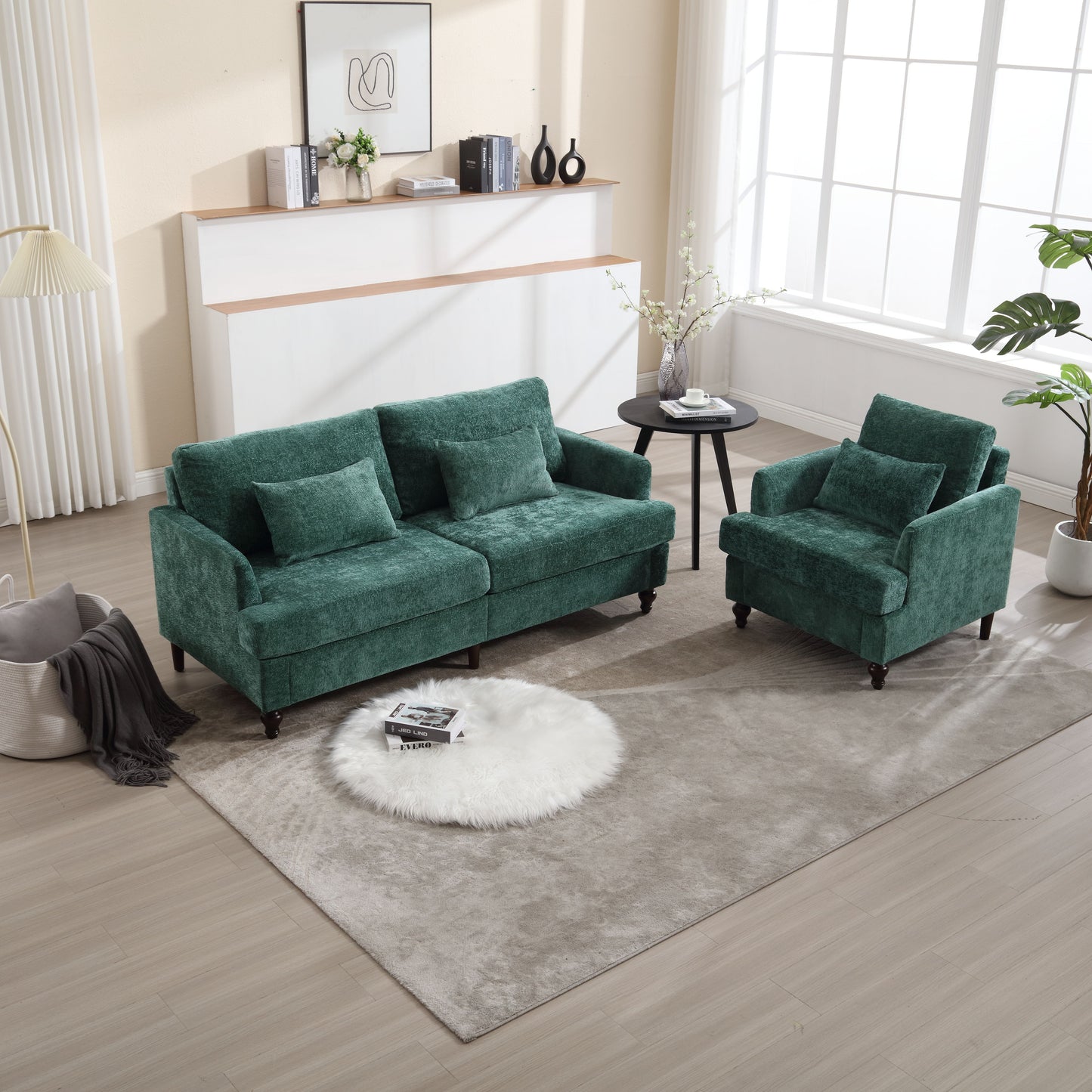 Mid Century Modern chenille Fabric Loveseat sofa, 2-Seat Upholstered Loveseat Sofa Modern Couch for Living Room,Brown wood feet sofa for Bedroom, Reading (Emerald Chenille) image 3
