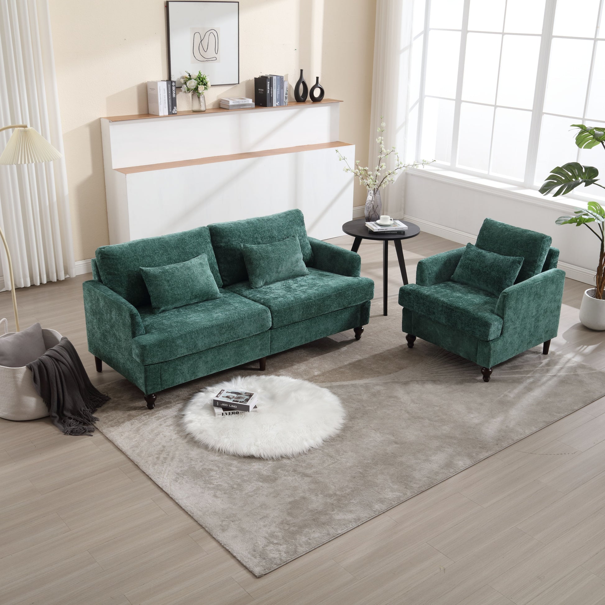 Mid Century Modern chenille Fabric Loveseat sofa, 2-Seat Upholstered Loveseat Sofa Modern Couch for Living Room,Brown wood feet sofa for Bedroom, Reading (Emerald Chenille) image 3
