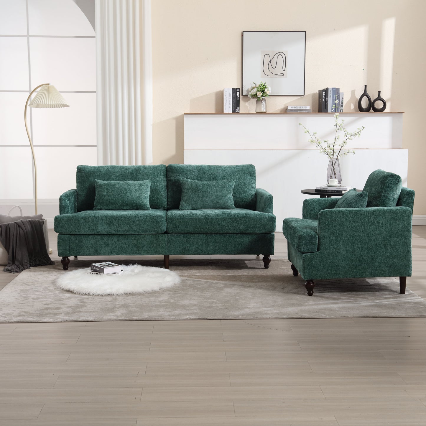 Mid Century Modern chenille Fabric Loveseat sofa, 2-Seat Upholstered Loveseat Sofa Modern Couch for Living Room,Brown wood feet sofa for Bedroom, Reading (Emerald Chenille) image 4