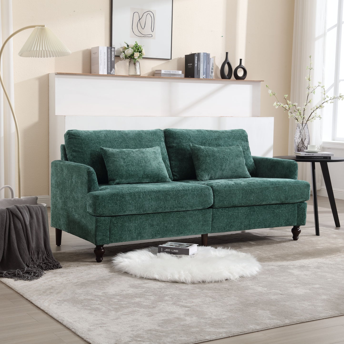 Mid Century Modern chenille Fabric Loveseat sofa, 2-Seat Upholstered Loveseat Sofa Modern Couch for Living Room,Brown wood feet sofa for Bedroom, Reading (Emerald Chenille) image 5
