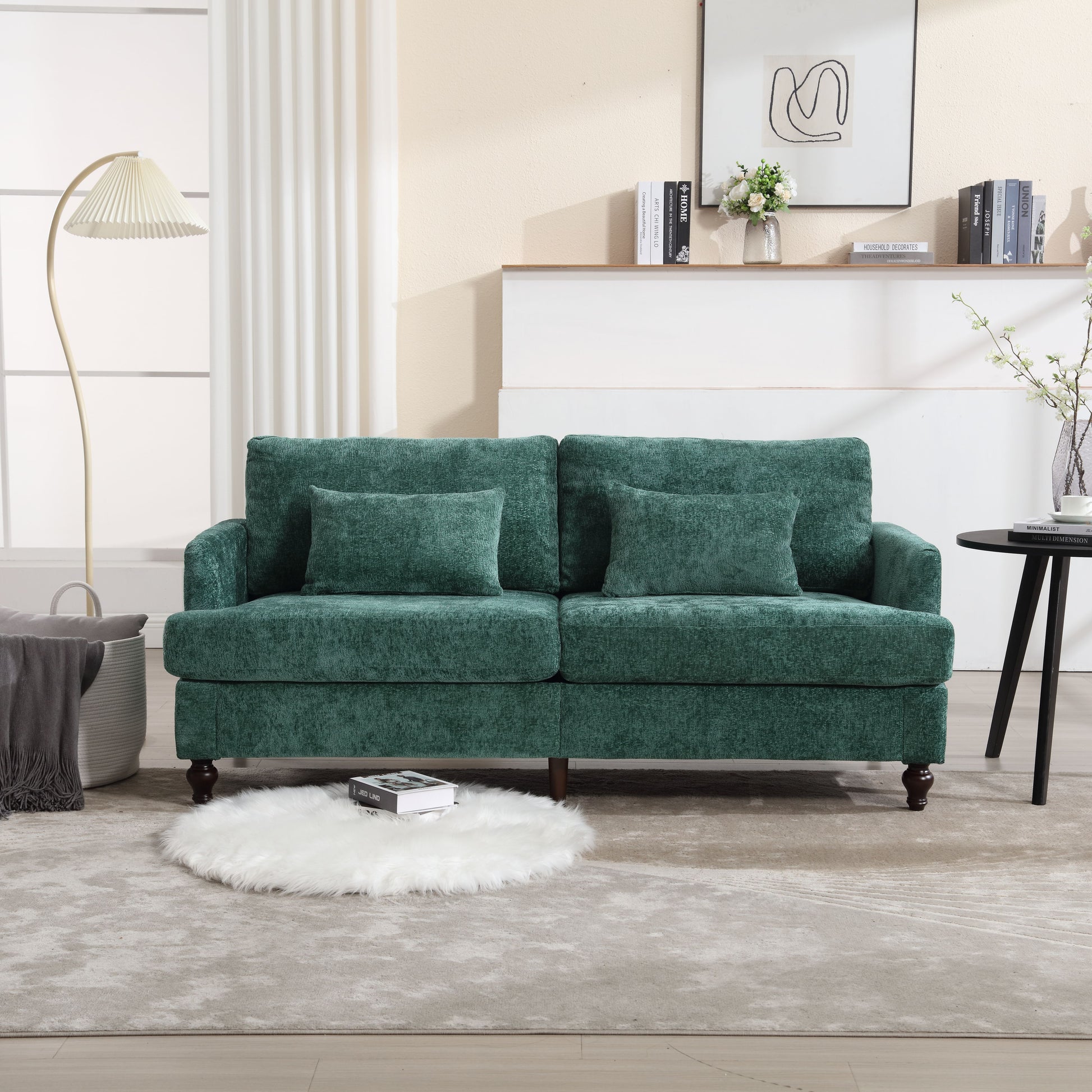 Mid Century Modern chenille Fabric Loveseat sofa, 2-Seat Upholstered Loveseat Sofa Modern Couch for Living Room,Brown wood feet sofa for Bedroom, Reading (Emerald Chenille) image 6