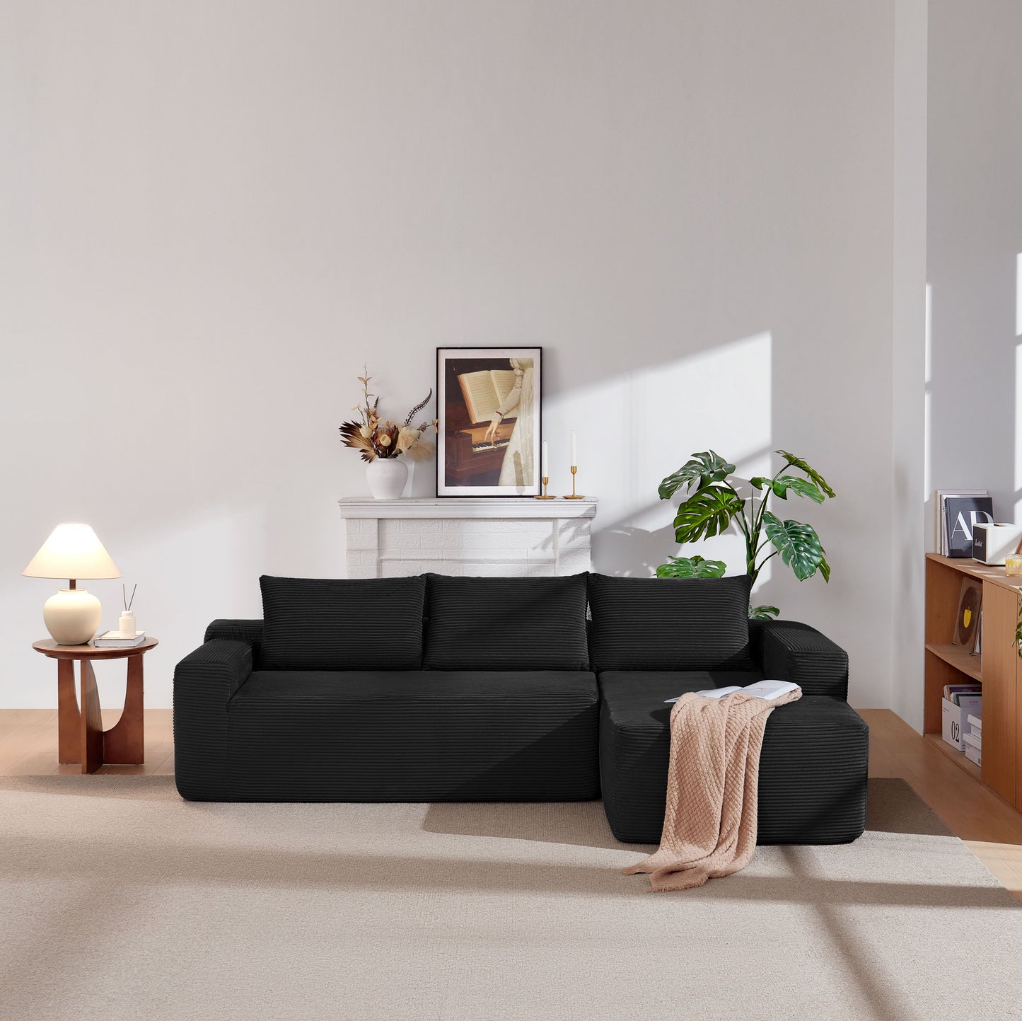 96.9" Cloud Sectional Couch with L-Shape Chaise,Modern Modular Sofa with Deep Seat, Upholstered Couches for Living Room Bedroom,No Assembly Required, (Corduroy Fabric),Black image 2