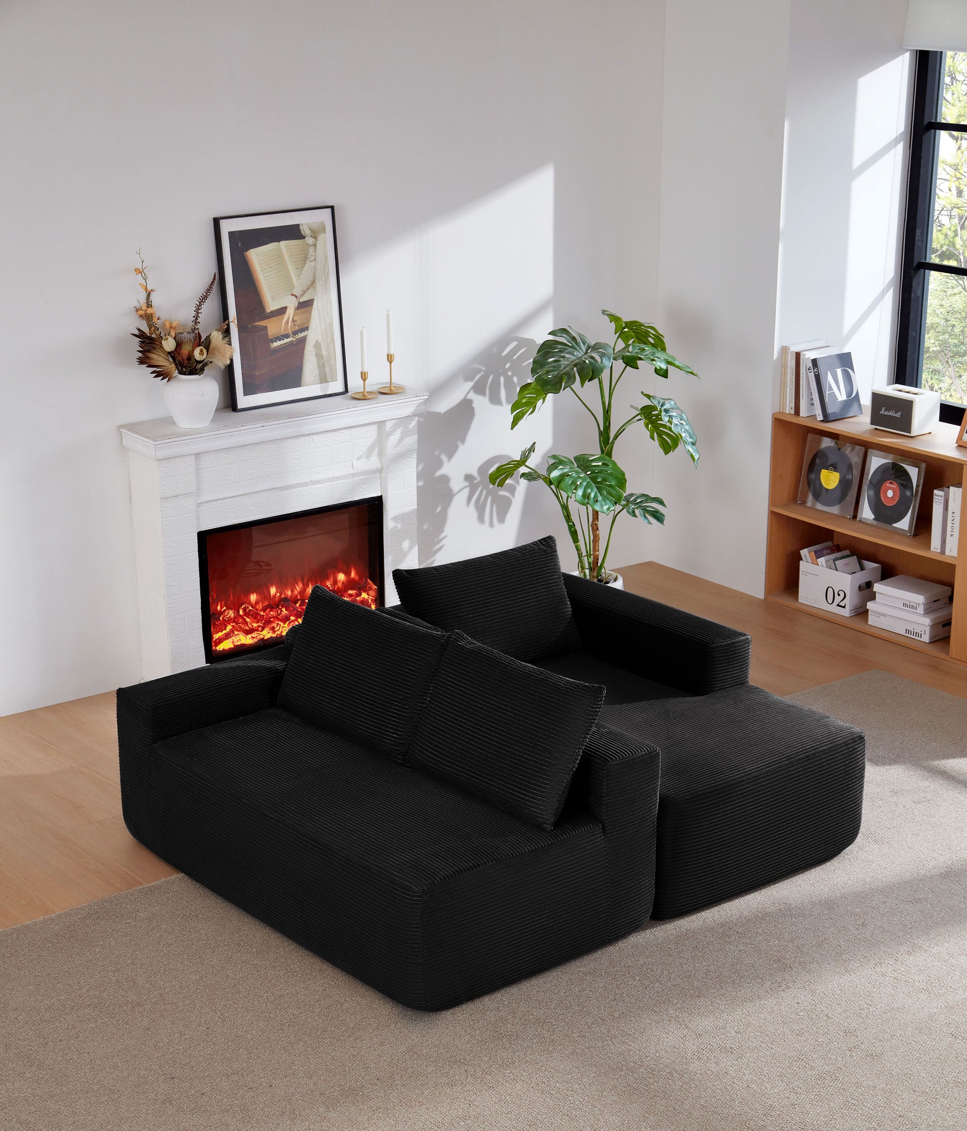 96.9" Cloud Sectional Couch with L-Shape Chaise,Modern Modular Sofa with Deep Seat, Upholstered Couches for Living Room Bedroom,No Assembly Required, (Corduroy Fabric),Black image 5