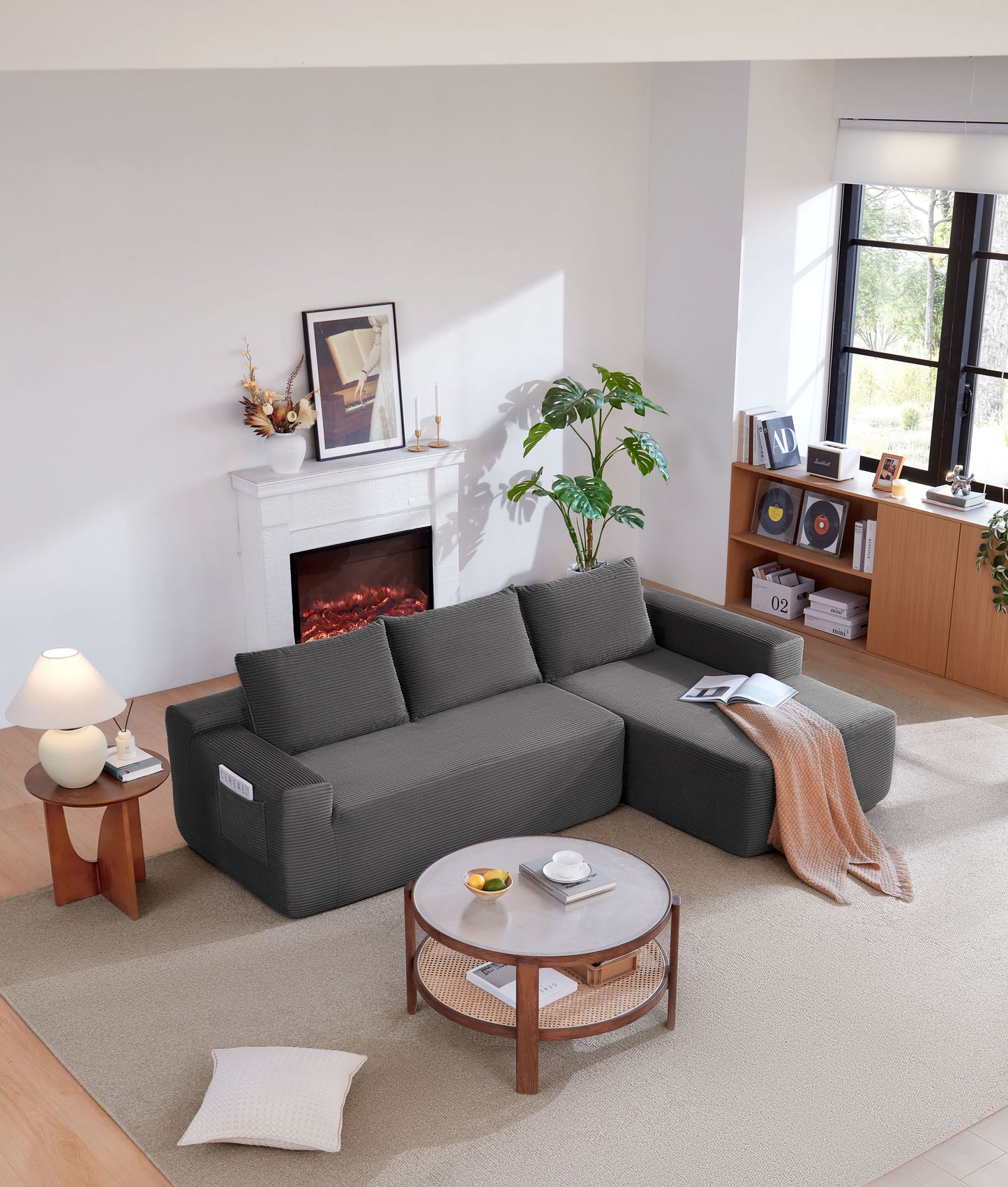 96.9"Compressible doubleCloud Sectional Couch with L-Shape Chaise,Modern Modular Sofa with Deep Seat,Upholstered Couches for Living Room Bedroom,No Assembly Required,(Plush Corduroy Fabric),Grey Right image 2