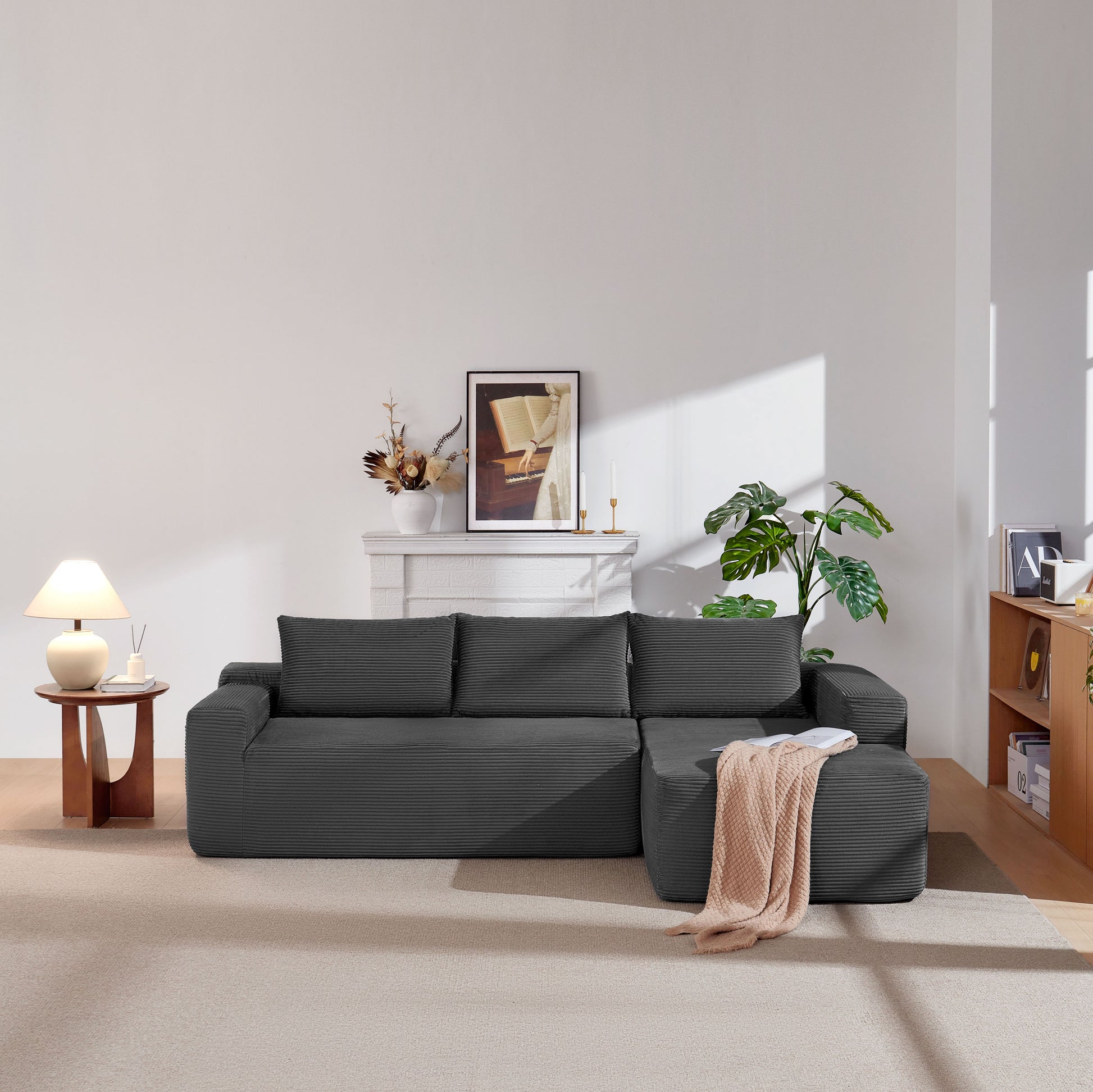 96.9"Compressible doubleCloud Sectional Couch with L-Shape Chaise,Modern Modular Sofa with Deep Seat,Upholstered Couches for Living Room Bedroom,No Assembly Required,(Plush Corduroy Fabric),Grey Right image 4