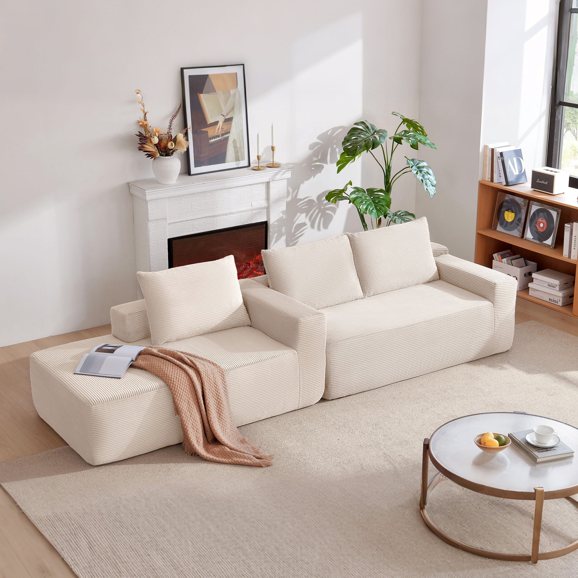 New 96.9''Cloud Sectional Couch with L-Shaped Chaise,Modern Modular Sofa with Deep Seat, Upholstered Couches for Living Room Bedroom,No Assembly Required,(Corduroy Fabric),White,Left image 5
