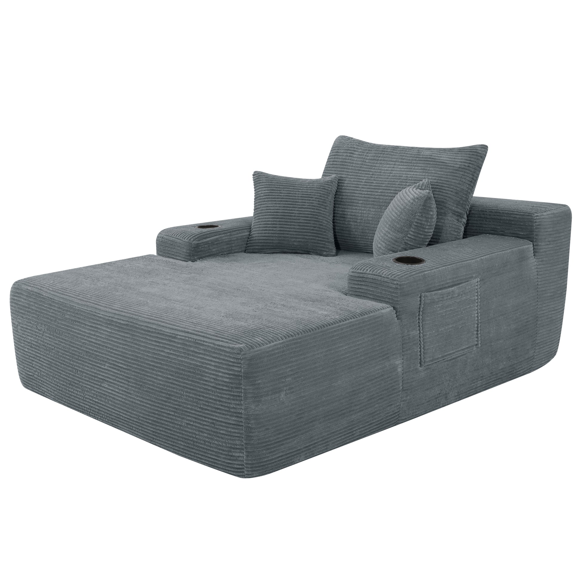 NEW Convertible Chaise Lounge Chair Corduroy with Wide Armrest & Throw Pillows, Cozy Boneless Sleeper Sofa Bed Armchair,with cup holder, for Living Room, Bedroom, No Assembly Required,Grey image 10