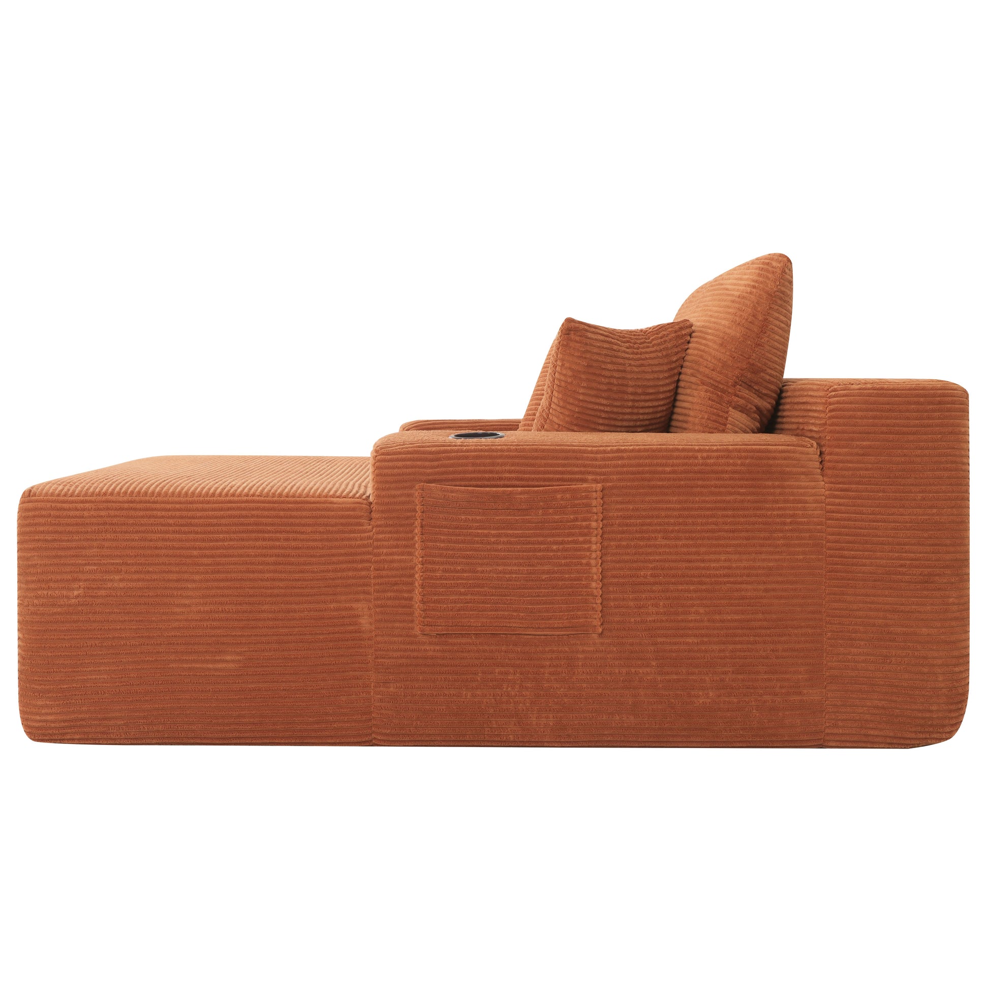 NEW Convertible Chaise Lounge Chair Corduroy with Wide Armrest & Throw Pillows, Cozy Boneless Sleeper Sofa Bed Armchair, with cup holder,for Living Room, Bedroom, No Assembly Required,Orange image 5
