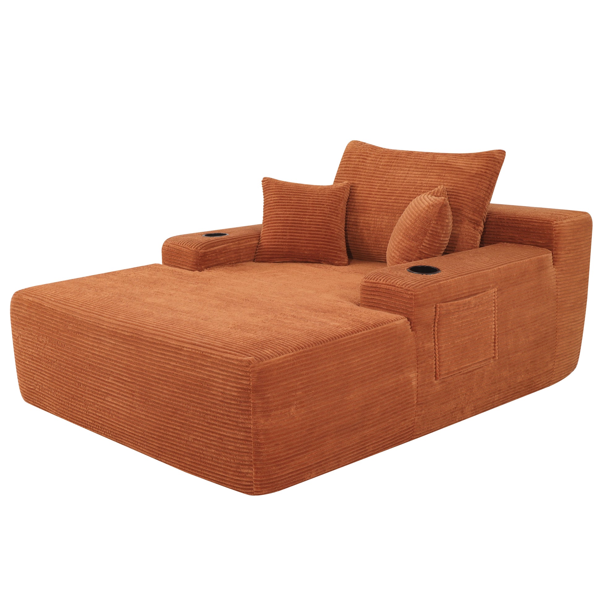NEW Convertible Chaise Lounge Chair Corduroy with Wide Armrest & Throw Pillows, Cozy Boneless Sleeper Sofa Bed Armchair, with cup holder,for Living Room, Bedroom, No Assembly Required,Orange image 7
