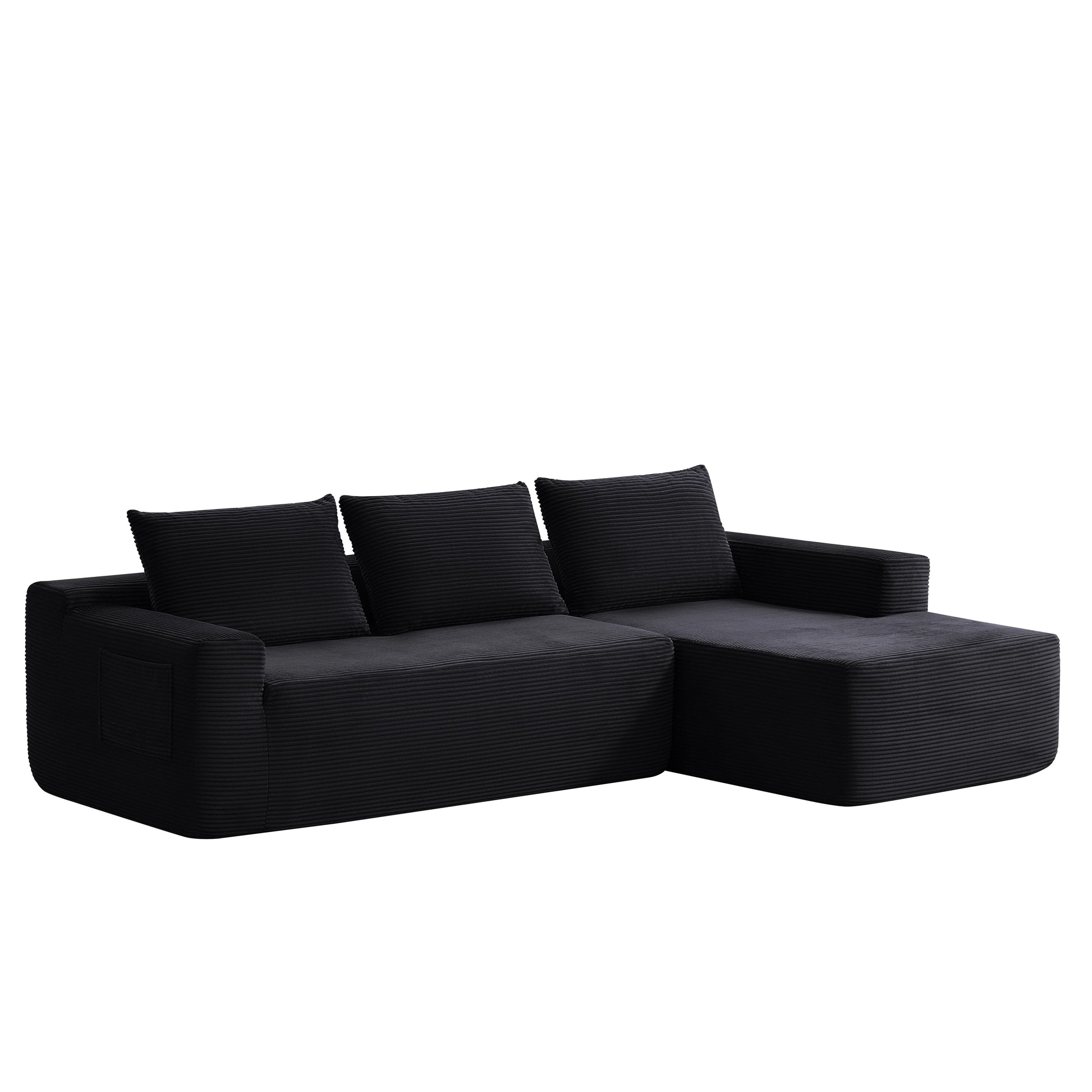 104" Cloud Sectional Sofa with L-Shape Chaise and Side Pockets, Modern Modular Design, with side pockets, Upholstered Couch for Living Room/Bedroom, No Assembly Required (CorduroyFabric),Black, Right image 7