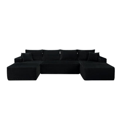 134" Cloud Sectional Sofa with U-Shape Chaise and Side Pockets and Cup holder, Modern Modular Design, Deep Seating, Upholstered Couch for Living Room/Bedroom, No Assembly Required (Plush)Black image 4