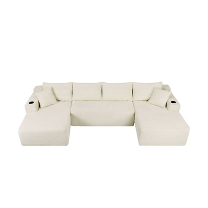 134" Cloud Sectional Sofa with U-Shape Chaise and Side Pockets and Cup holder, Modern Modular Design, Deep Seating, Upholstered Couch for Living Room/Bedroom, No Assembly Required (Plush)Beige image 8