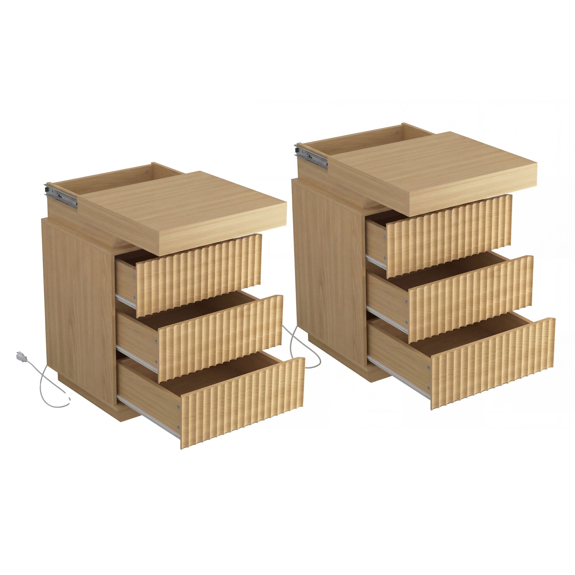 (Set of 2) Natural Nightstand Set of 2 with Charging Station & LED Lights, Fluted Wave Panel Bedside Table with Sliding Top Hidden Storage, Night Stand for Bedroom Living Room image 11