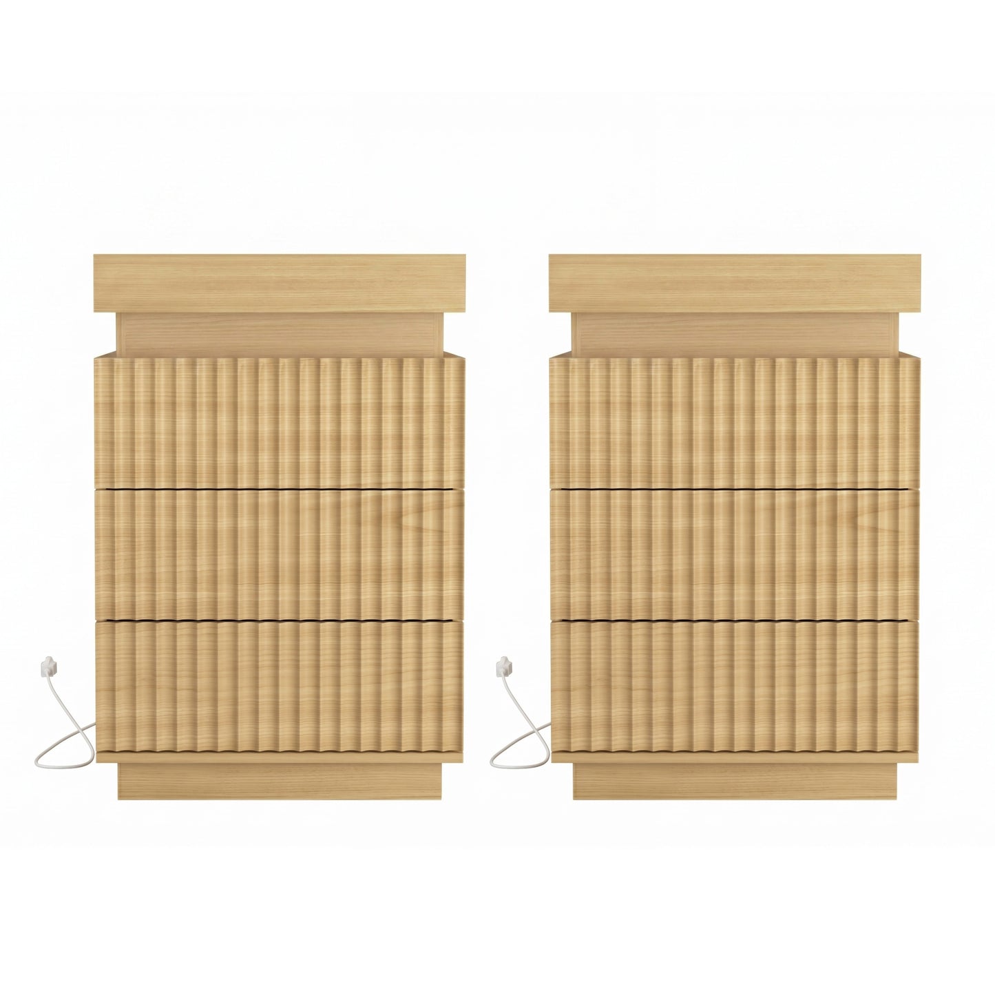 (Set of 2) Natural Nightstand Set of 2 with Charging Station & LED Lights, Fluted Wave Panel Bedside Table with Sliding Top Hidden Storage, Night Stand for Bedroom Living Room image 5