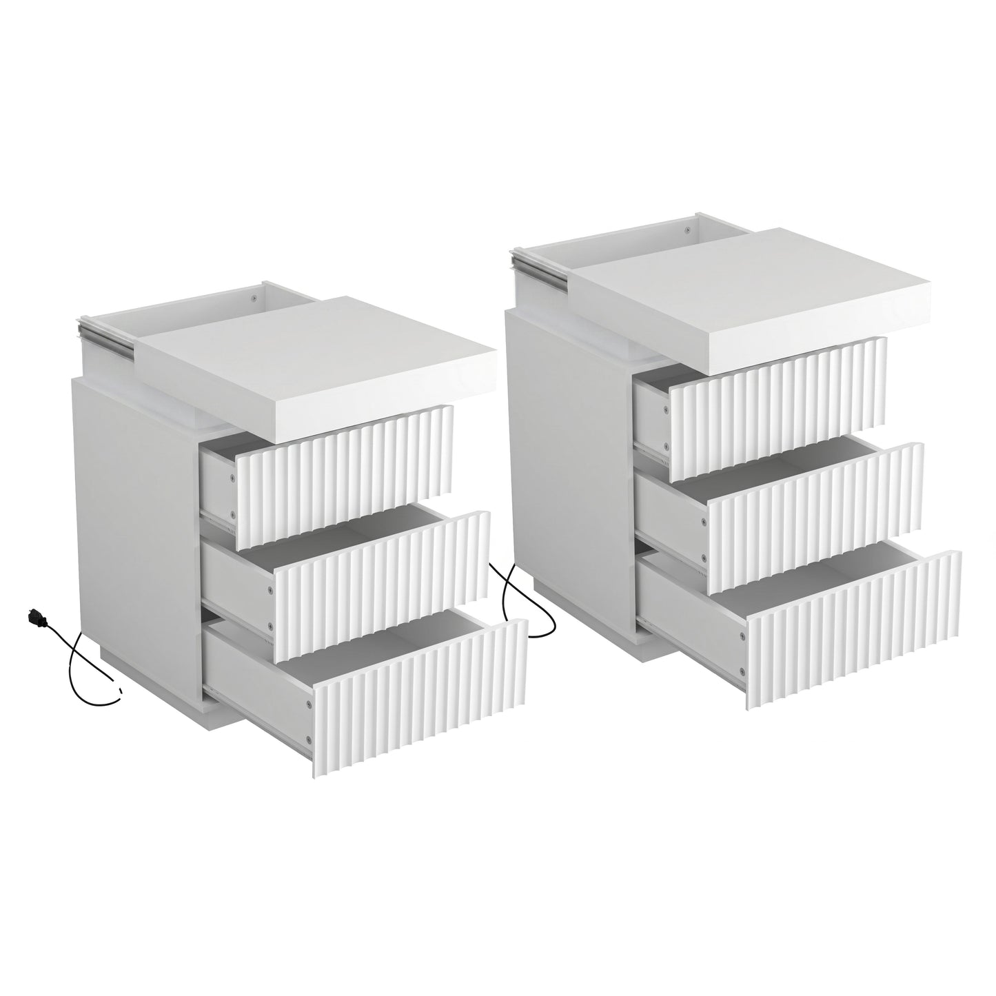 (Set of 2) White Nightstand Set of 2 with Charging Station & LED Lights, Fluted Wave Panel Bedside Table with Sliding Top Hidden Storage, Night Stand for Bedroom Living Room image 8