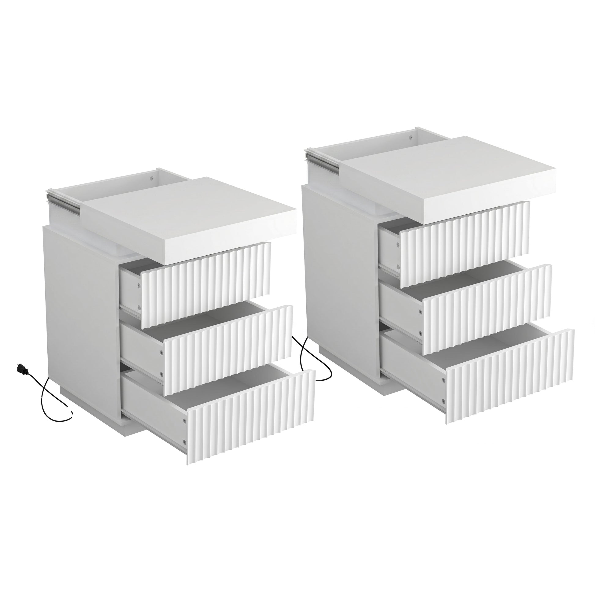 (Set of 2) White Nightstand Set of 2 with Charging Station & LED Lights, Fluted Wave Panel Bedside Table with Sliding Top Hidden Storage, Night Stand for Bedroom Living Room image 8