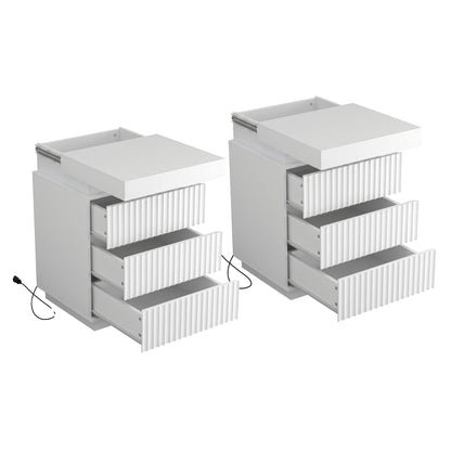 (Set of 2) White Nightstand Set of 2 with Charging Station & LED Lights, Fluted Wave Panel Bedside Table with Sliding Top Hidden Storage, Night Stand for Bedroom Living Room image 8
