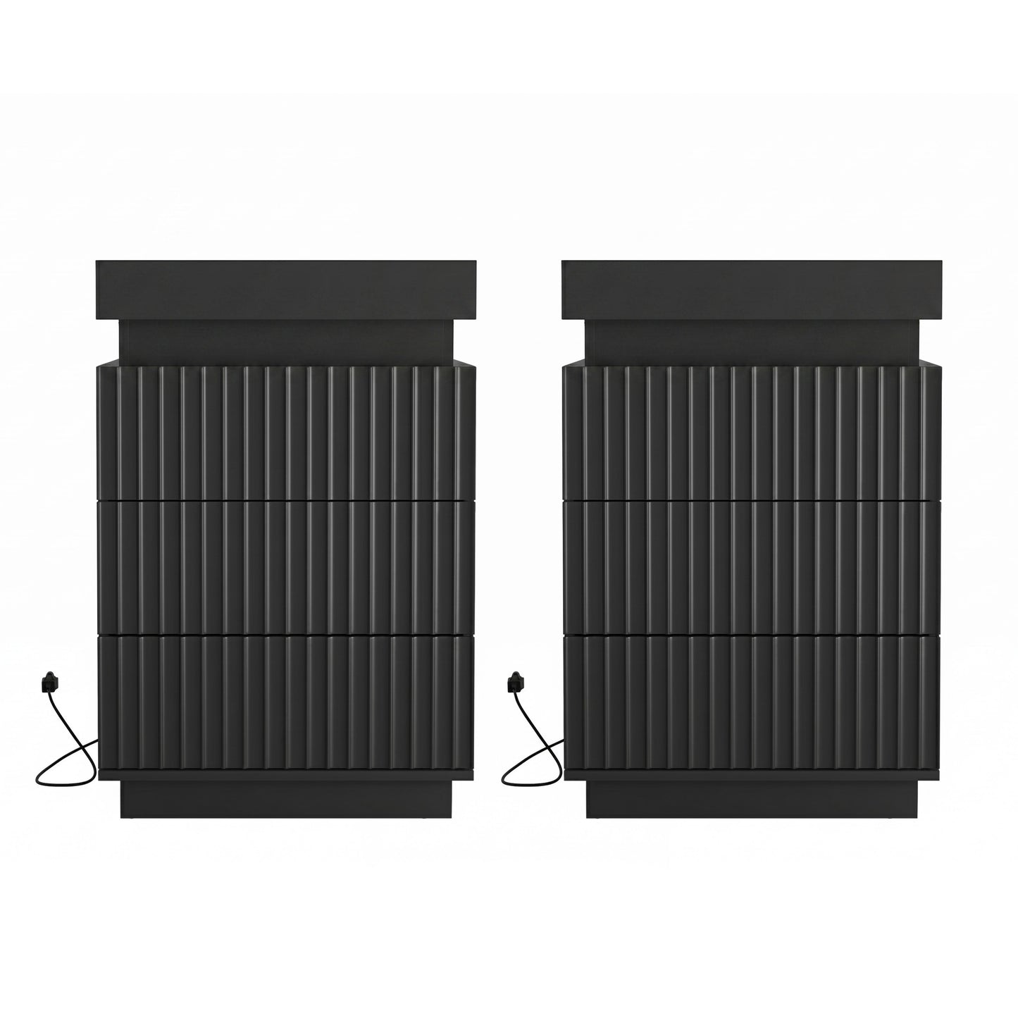 (Set of 2) Black Nightstand Set of 2 with Charging Station & LED Lights, Fluted Wave Panel Bedside Table with Sliding Top Hidden Storage, Night Stand for Bedroom Living Room image 6