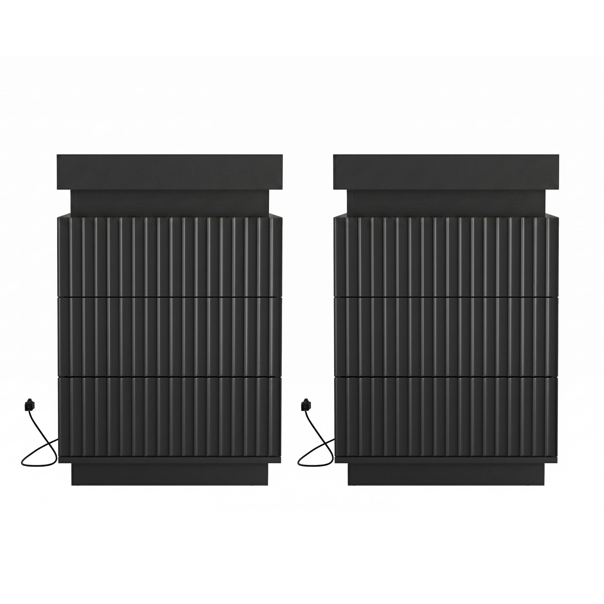 (Set of 2) Black Nightstand Set of 2 with Charging Station & LED Lights, Fluted Wave Panel Bedside Table with Sliding Top Hidden Storage, Night Stand for Bedroom Living Room image 6