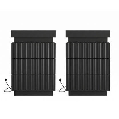 (Set of 2) Black Nightstand Set of 2 with Charging Station & LED Lights, Fluted Wave Panel Bedside Table with Sliding Top Hidden Storage, Night Stand for Bedroom Living Room image 6