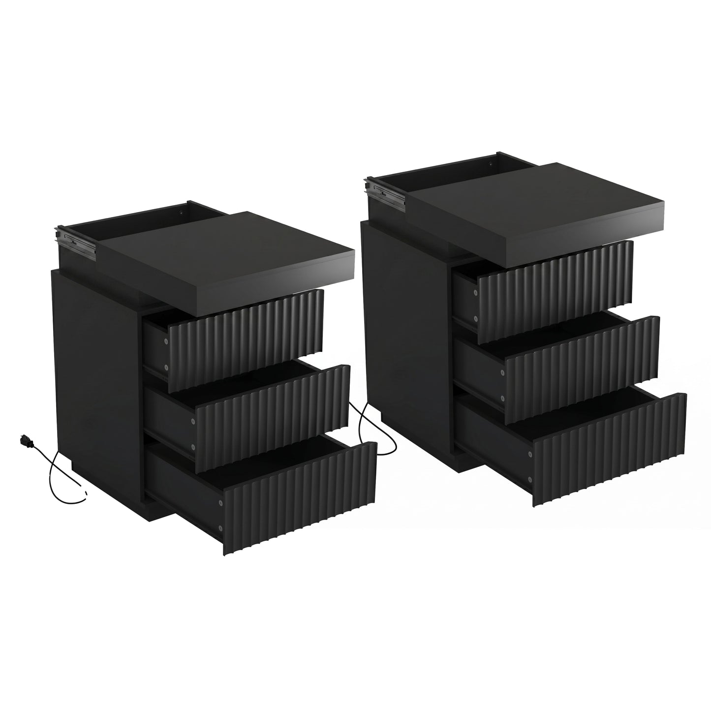 (Set of 2) Black Nightstand Set of 2 with Charging Station & LED Lights, Fluted Wave Panel Bedside Table with Sliding Top Hidden Storage, Night Stand for Bedroom Living Room image 7